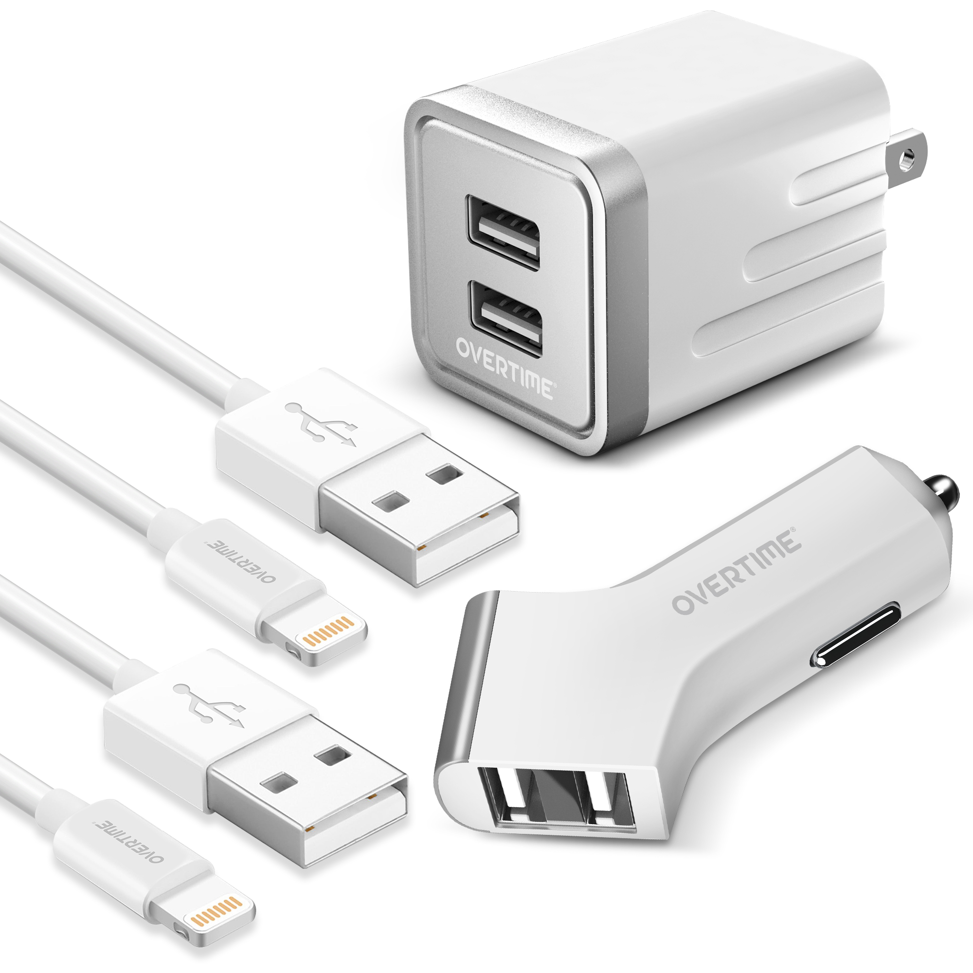 Overtime 2pack Lightning Cables with Dual USB Wall & Car Chargers