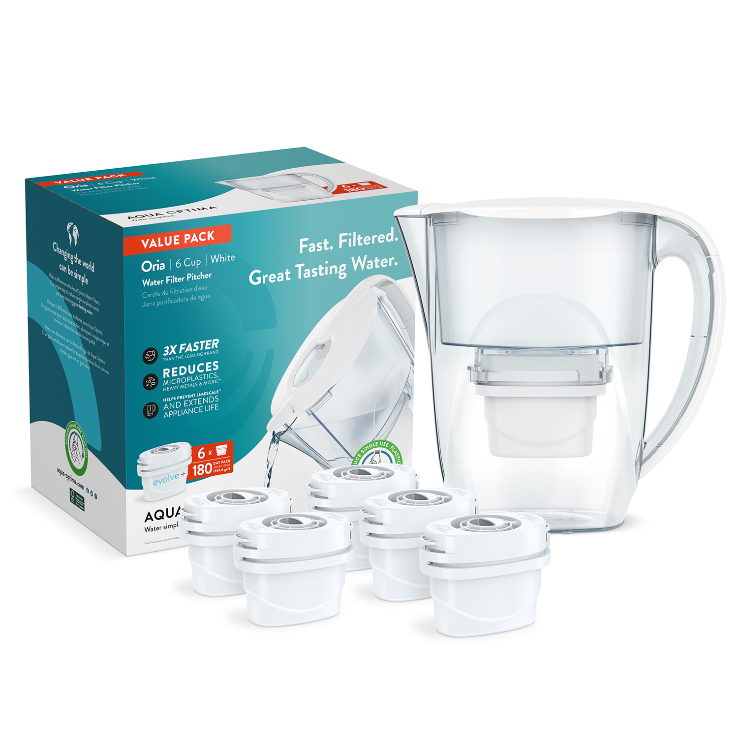 Aqua Optima Water Filter Pitcher Value Pack with 6 Evolve+ Filters