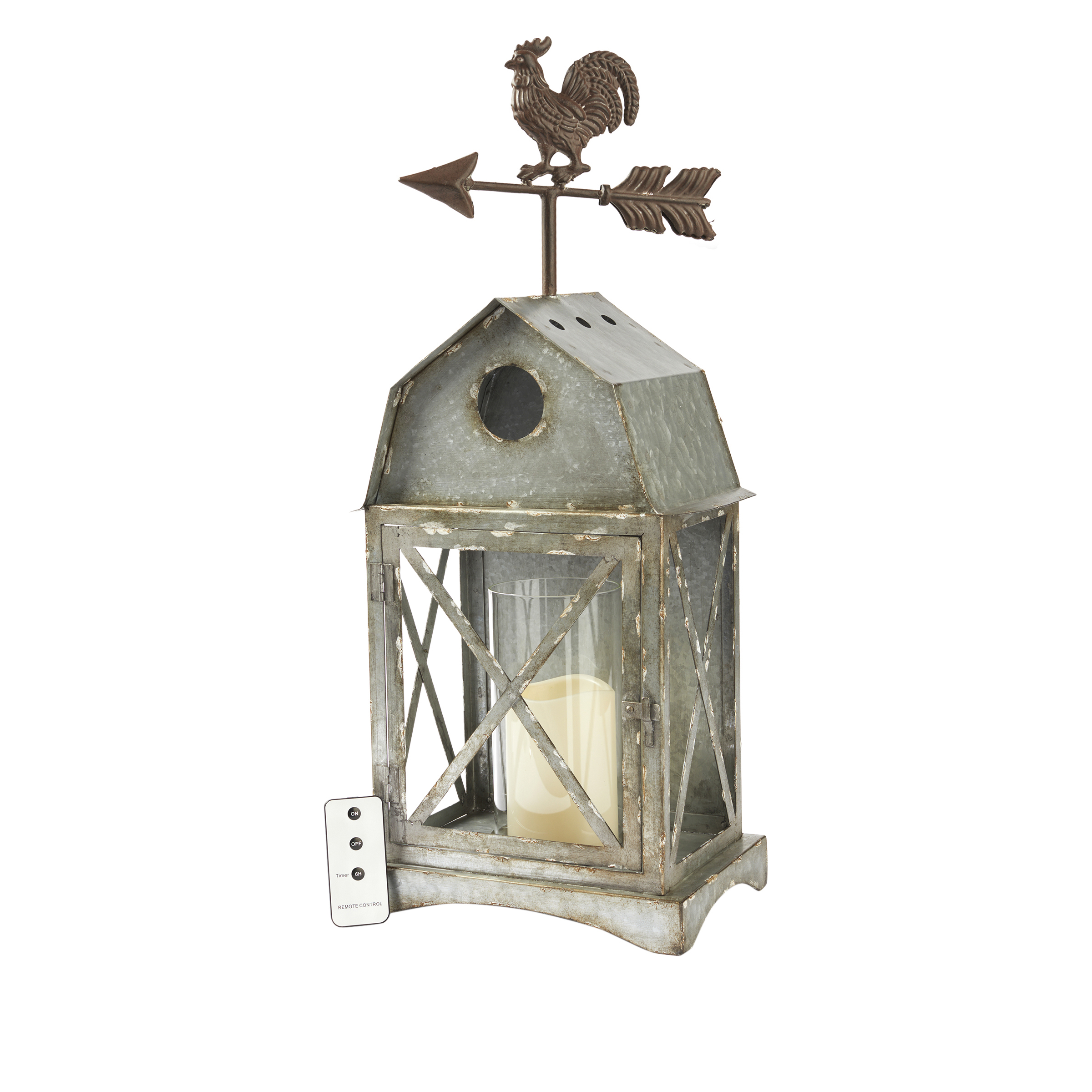 Emryn House Galvanized Metal Barn Lantern with LED Candle & Remote