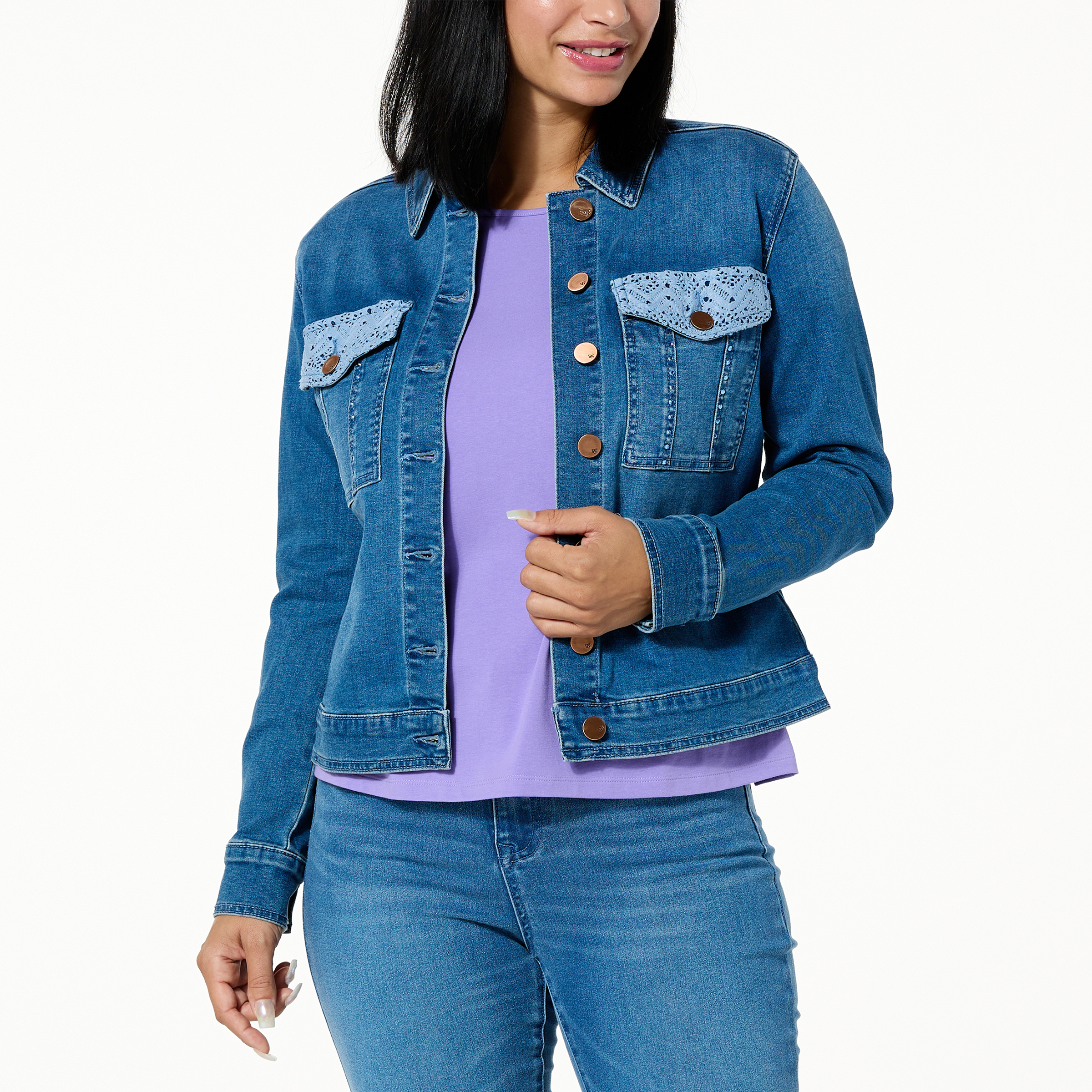 DG2 by Diane Gilman New Classic Stretch Denim Embellished Jean Jacket ...