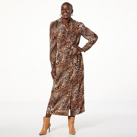 Mark and James by Badgley Mischka Harper Belted Long Sleeve Midi Shirt Dress Animal