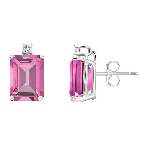 14K White Gold 8x6mm Emerald-Cut Pink Topaz and Diamond Earrings