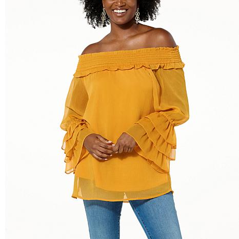 Antthony Off-the-Shoulder Ruffled Cuff Chiffon Top