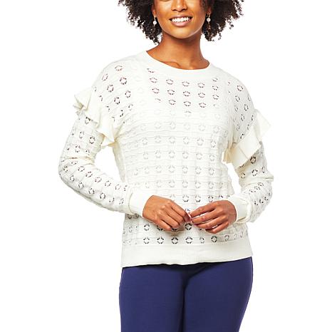 Colleen Lopez Pointelle Sweater with Ruffle Detail - Ivory/Off White - Size Large
