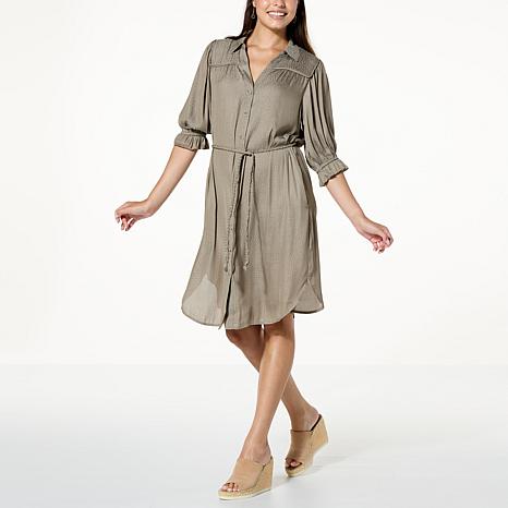 Democracy Hammered Satin Lantern-Sleeve Shirtdress