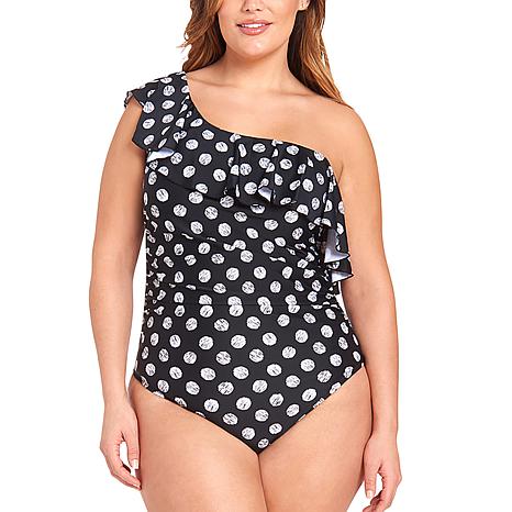 LYSA-Love Your Size Always One Shoulder Ruffle One Piece Polka