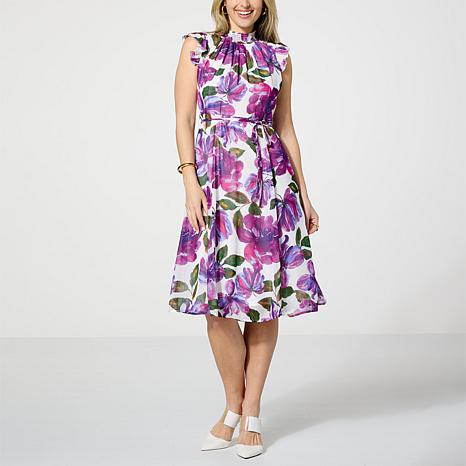 Nina Leonard Printed Smock Neck Midi Dress 22346427 HSN