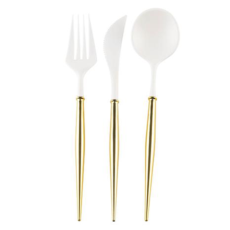 Sophisticate Collection White/Gold Flatware Set 40 Count - Settings for 8 - Posh Setting