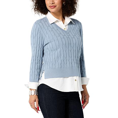 WynneLayers SoftKNIT Mixed Media Cable Sweater with Shirt Collar