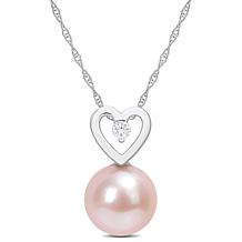 10K White Gold 9.5-10mm Pink Cultured Pearl Diamond Heart Pendant