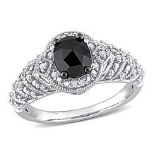 10K White Gold .95ctw Black and White Diamond Halo Engagement Ring