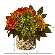 11 in. Peony, Dahlia and Sunflower Artificial Arrangement in Gold Vase