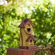 11.5"H Distressed Wood Cottage Decorative Garden Birdhouse with Rattan