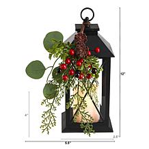 12" Holiday Berries and Greenery Metal Lantern