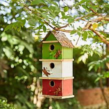 13.75"H Multicolored Distressed Solid Wood Three-Story Villa Birdhouse