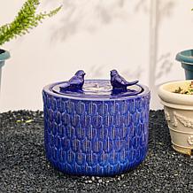 14.75"H Cobalt Blue Birds Leaf Pattern Ceramic Fountain, Pump & Light