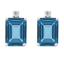 14K Gold 8x6mm Emerald-Cut London Blue Topaz and Diamond Stud Earrings