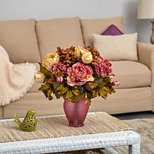 16 in. Peony Artificial Arrangement in Rose Colored Vase