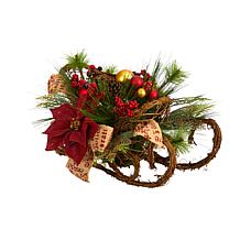 18” Christmas Sleigh with Poinsettia, Berries and Pinecones