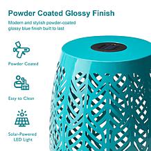 18.25"H Blue Iron Leaf Pattern Drum Silhouette Solar Garden Stool