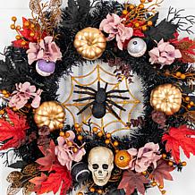 24-in Skulls and Pumpkins Wreath by Nearly Natural