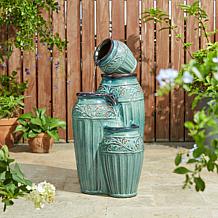 27.25"H 3-Tier Turquoise Pattern Ceramic Pots Fountain, Pump and Light