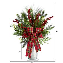 28” Holiday Winter Greenery, Berries and Plaid Bow Decoration