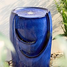 29.25"H Oversized Blue Outdoor Ceramic Pot Fountain w/Pump, LED Light