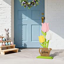 30" Easter Wooden Porch Decor with Colorful Tulips