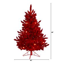 4' Red Flocked Fraser Fir Artificial Christmas Tree with 100 Red Li...