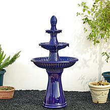 45.25"H Oversized Cobalt Blue 3-Tier Pedestal Ceramic Outdoor Fountain