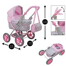 509 Crew: Cotton Candy Pink: Amanda Doll Pram - Pink, Grey, Polka Dot