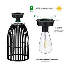 9.75"H 2 Black Metal Stripes Solar Powered Edison Bulb Hanging Lantern