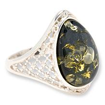 Amber Extraordinaire Sterling Silver Green Amber Pear Basketweave Ring