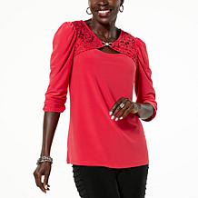 Antthony Ornamented Lace Twist Neck Puff Sleeve Blouse