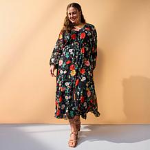 Antthony Printed Mesh Bishop-Sleeve Patio Dress