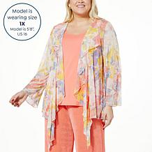 Antthony Printed Mesh Knit Long-Sleeve Ruffle Topper