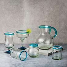 Aqua Rim Handblown Mexican Hurricane Glass - Set of 6
