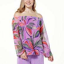 "As Is" Antthony Off-the-Shoulder Printed Tulle Mesh Knit Top