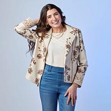 "As Is" Colleen Lopez Embroidered Faux Leather and Print Moto Jacket
