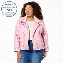 "As Is" Colleen Lopez Embroidered Faux Leather and Print Moto Jacket