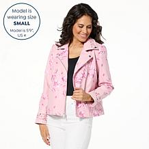 "As Is" Colleen Lopez Embroidered Faux Leather and Print Moto Jacket