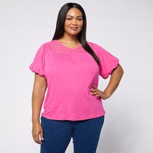 "As Is" DG2 by Diane Gilman Cotton Modal Lace Yoke Bubble Sleeve Top