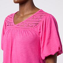 "As Is" DG2 by Diane Gilman Cotton Modal Lace Yoke Bubble Sleeve Top