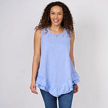 "As Is" DG2 by Diane Gilman Cotton Modal Slub-Embellished Ruffle Ta...
