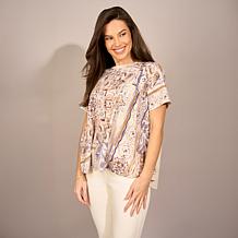 "As Is" DG2 by Diane Gilman Crepe De Chine Flared Sleeve Printed Top