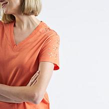 "As Is" DG2 by Diane Gilman Embellished Rhinestone V-Neck Short Sle...