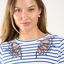 "As Is" DG2 by Diane Gilman Embroidered Striped Knit Swing Dress