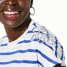 "As Is" DG2 by Diane Gilman Embroidered Striped Knit Tee