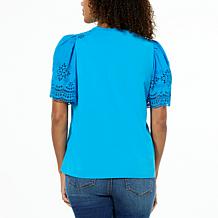 "As Is" DG2 by Diane Gilman Eyelet Knit Embroidered Sleeve Top